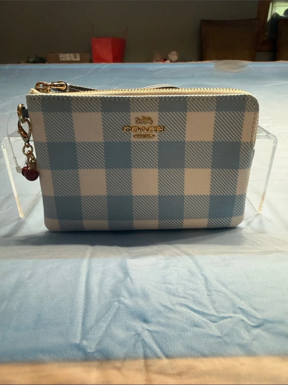 Coach Blue and White Gingham Wristlet with Cherry Charm - Picture 2 of 8